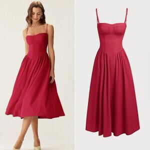 NWT RIHOAS Red Square Neck Midi Dress Strappy Sleeveless Pocket Elegant